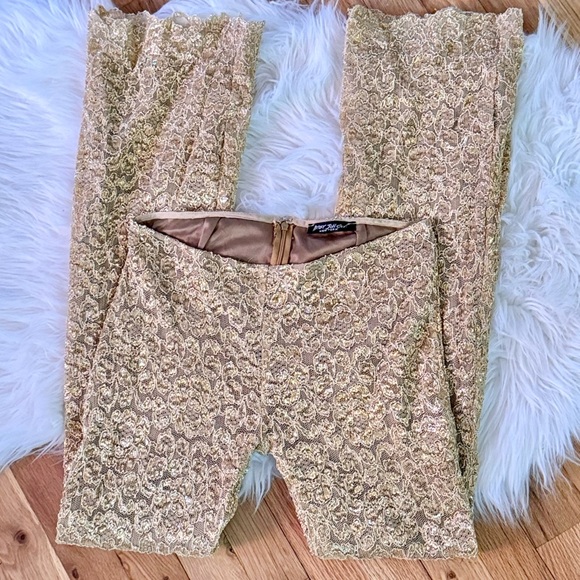 Betsey Johnson RARE 1990s Gold Lace Stretch Flare Pants - Picture 4 of 13